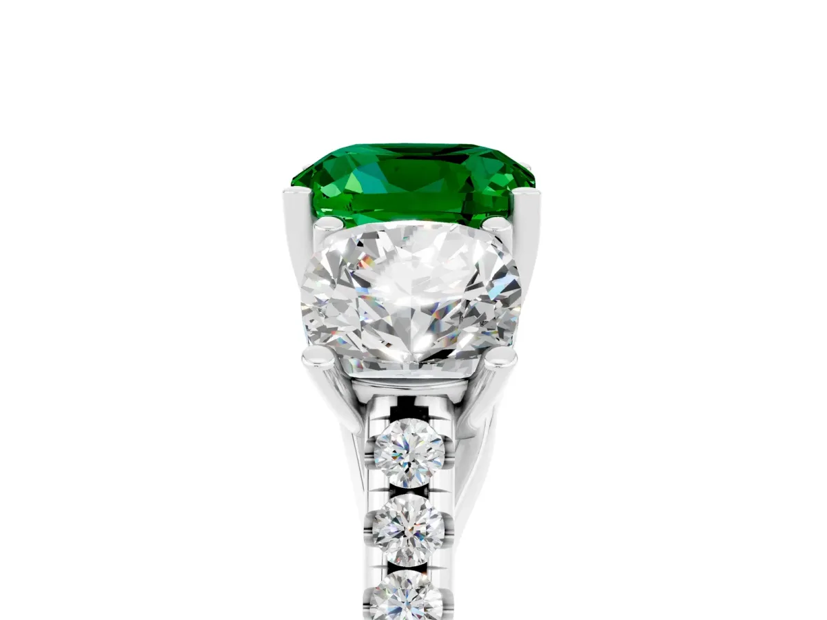 Three-Stone Cushion Cut Emerald Ring with Round Pavé Band and Prong Setting Platinum