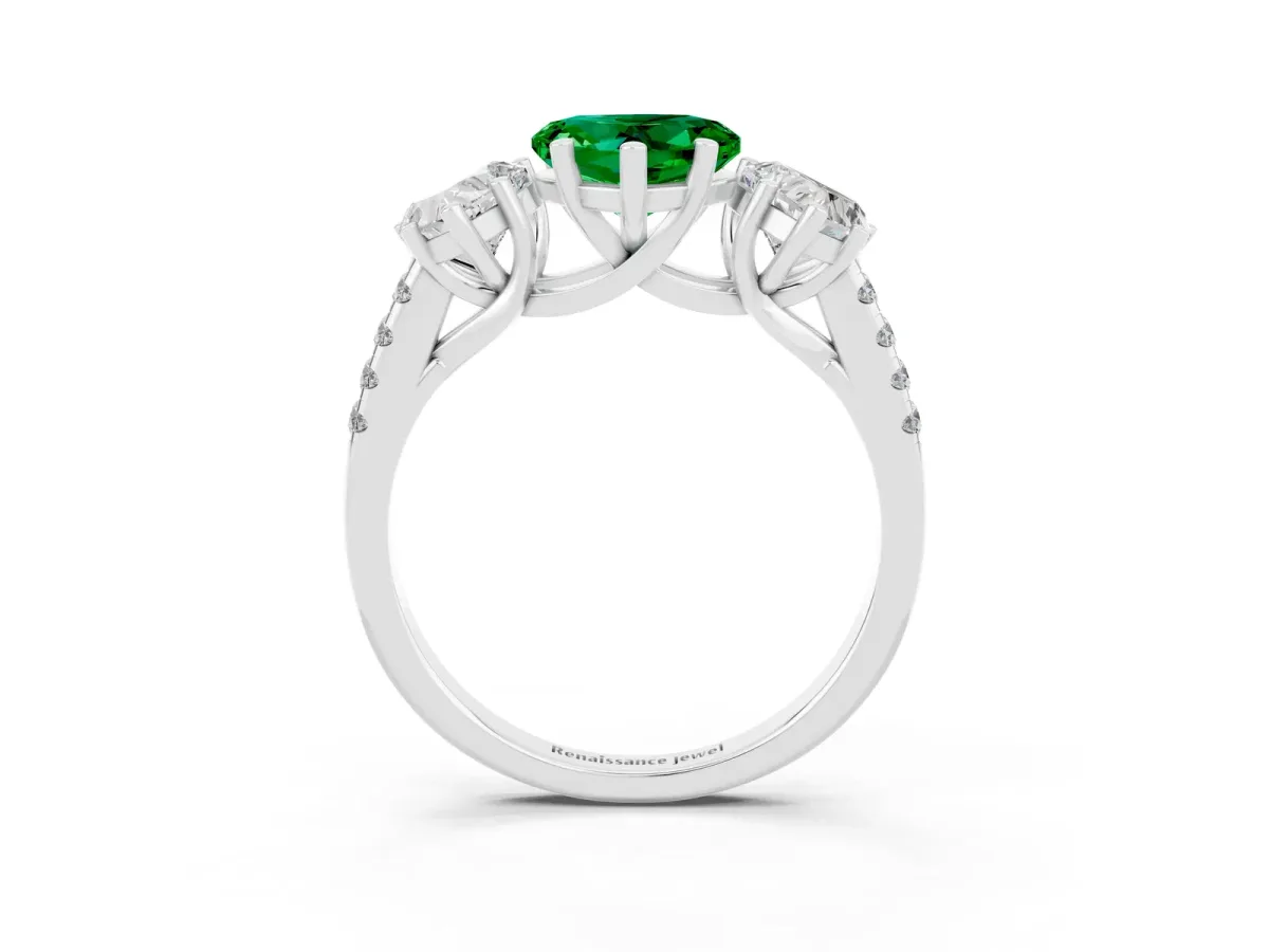 Three-Stone Heart Cut Emerald Ring with Round Pavé Band and Prong Setting Platinum