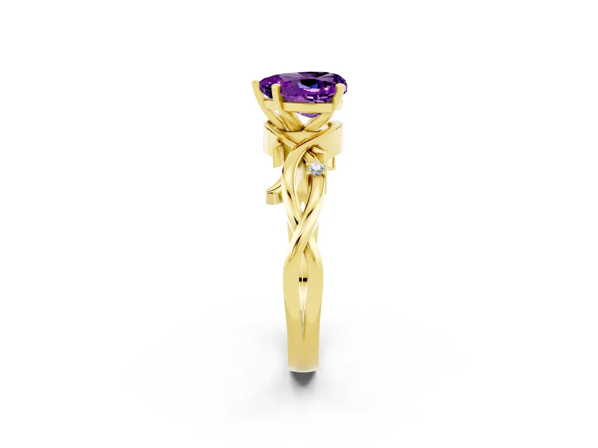 Heart Cut Amethyst Solitaire Ring with Twisted Band and Prong Setting Yellow gold