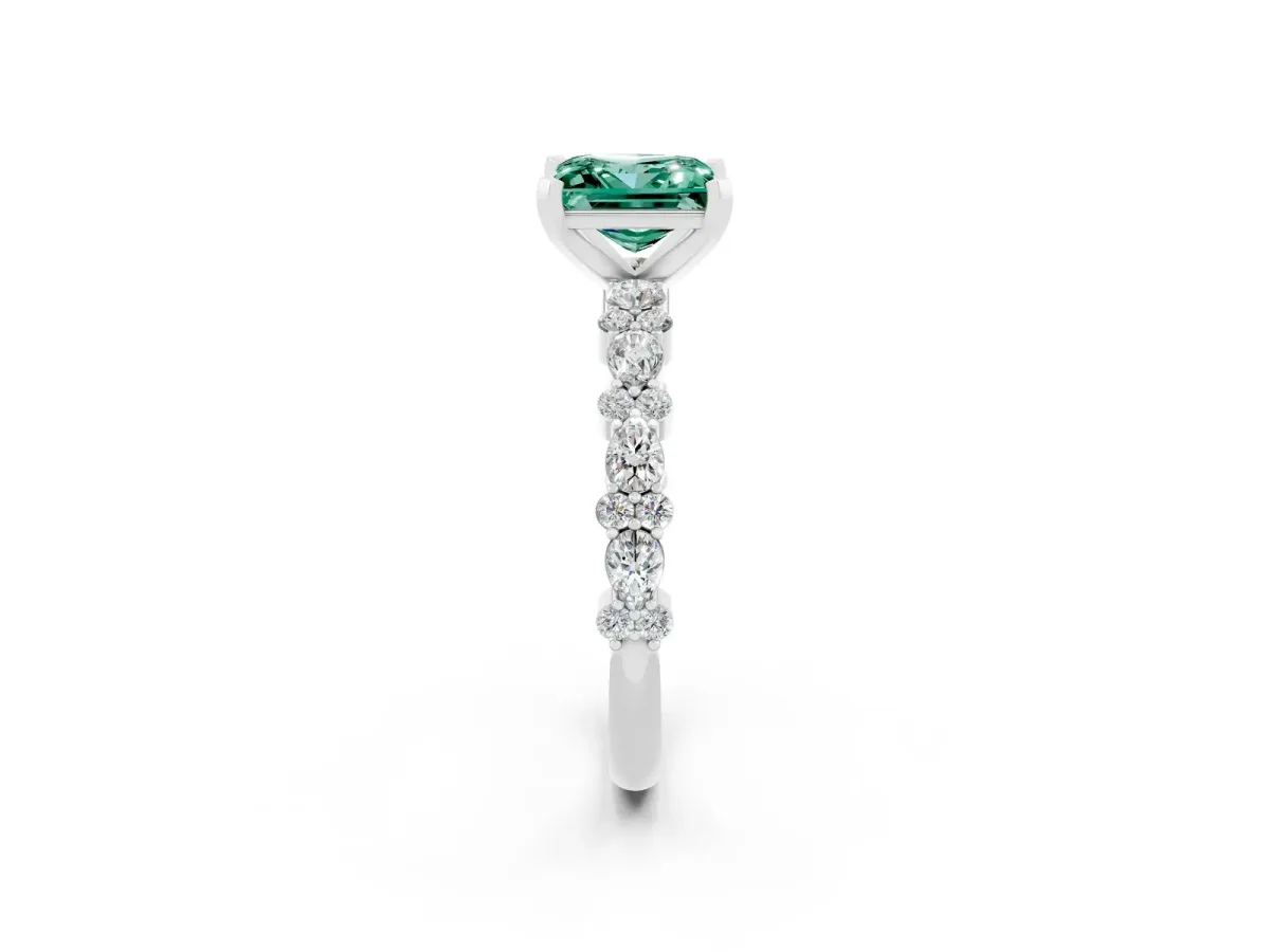 Princess Cut Green Sapphire Side Stone Solitaire Ring with Round and Four-Prong Setting Platinum