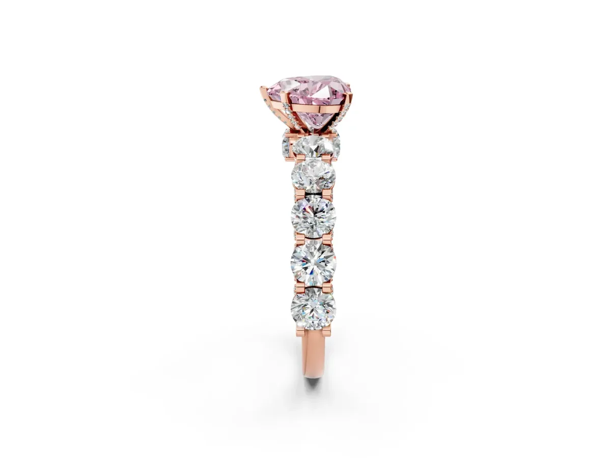 Fancy Pink Heart Cut Diamond Side Stone Engagement Ring with Four-Prong Setting Rose gold