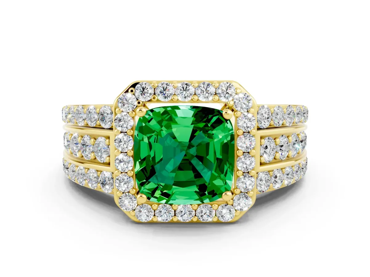 Cushion Cut Halo Emerald Ring with Round Split Shank and Prong Setting Yellow gold