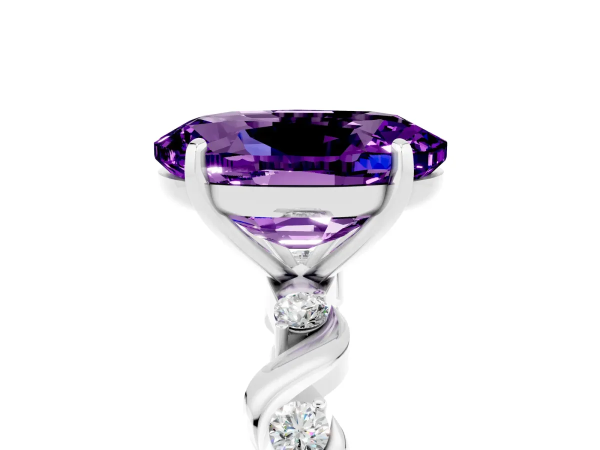 Oval Cut Amethyst Solitaire Twisted Band with Round Accents and Prong Setting Silver