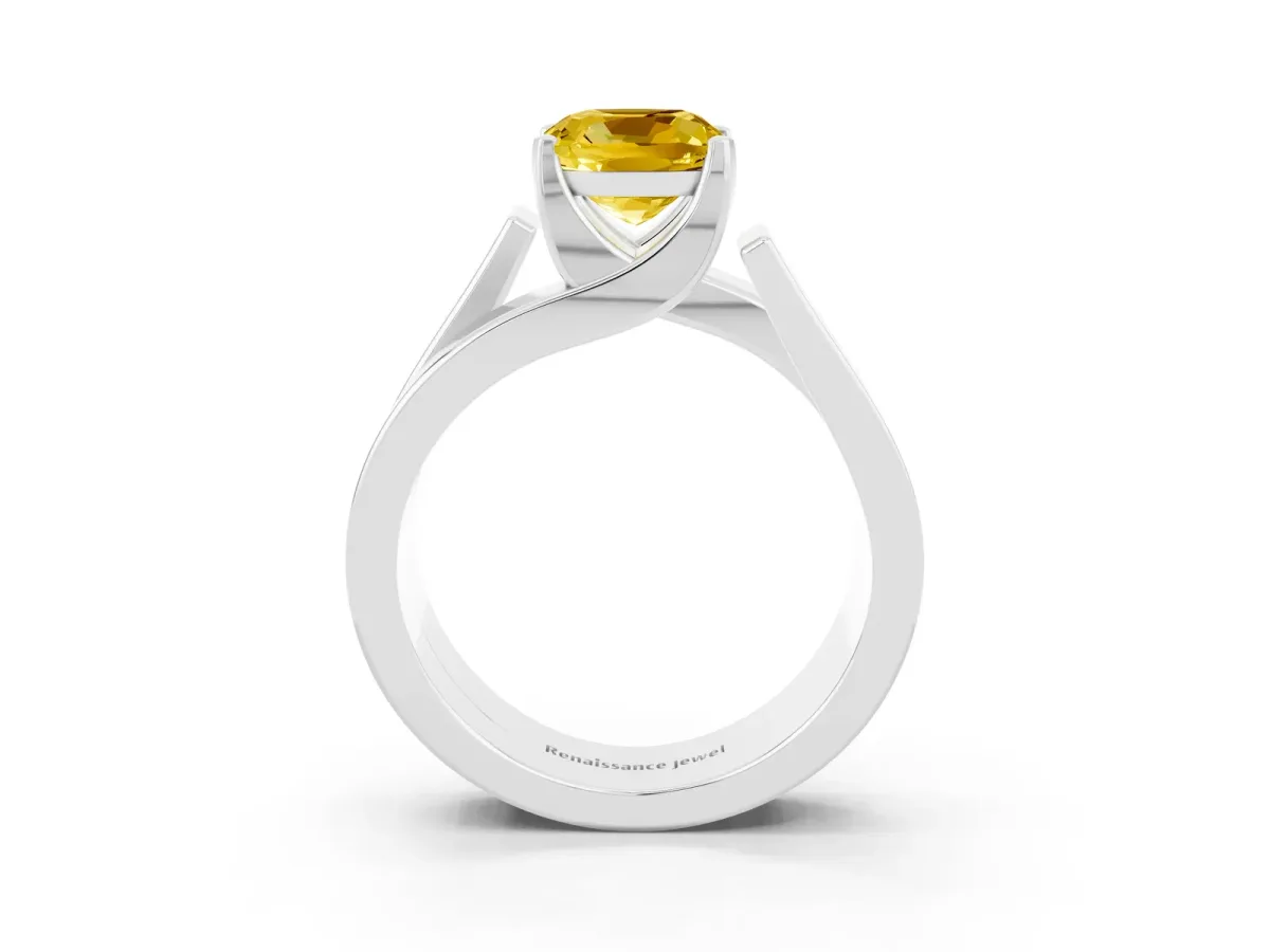 Modern Tension Set Cushion Cut Yellow Sapphire Solitaire Wide Band Ring Silver