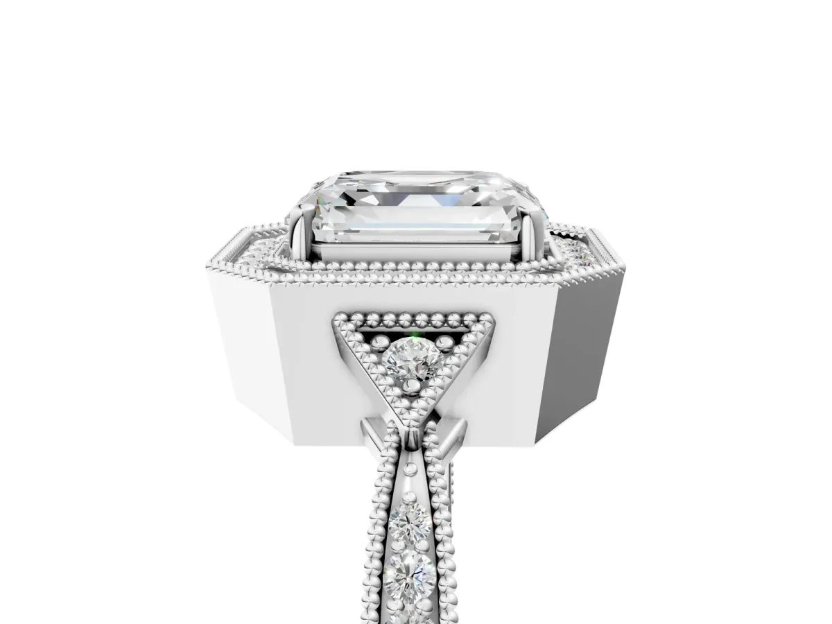 Asscher Cut Halo Round Diamond Milgrain Pave Engagement Ring Platinum