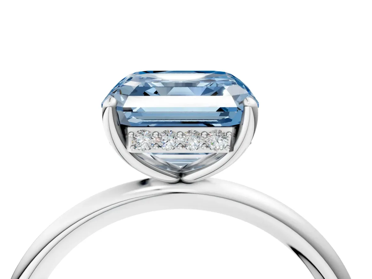 Fancy Blue Asscher Cut Solitaire Diamond Ring with a Classic Band and Four-Prong Setting Platinum