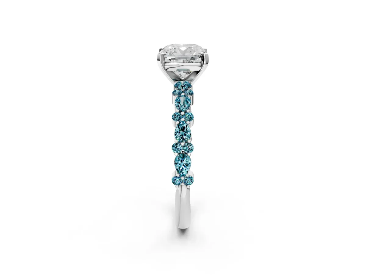 Cushion Cut Diamond Side Stone Solitaire Ring with Round Blue Topaz and Four-Prong Setting Platinum