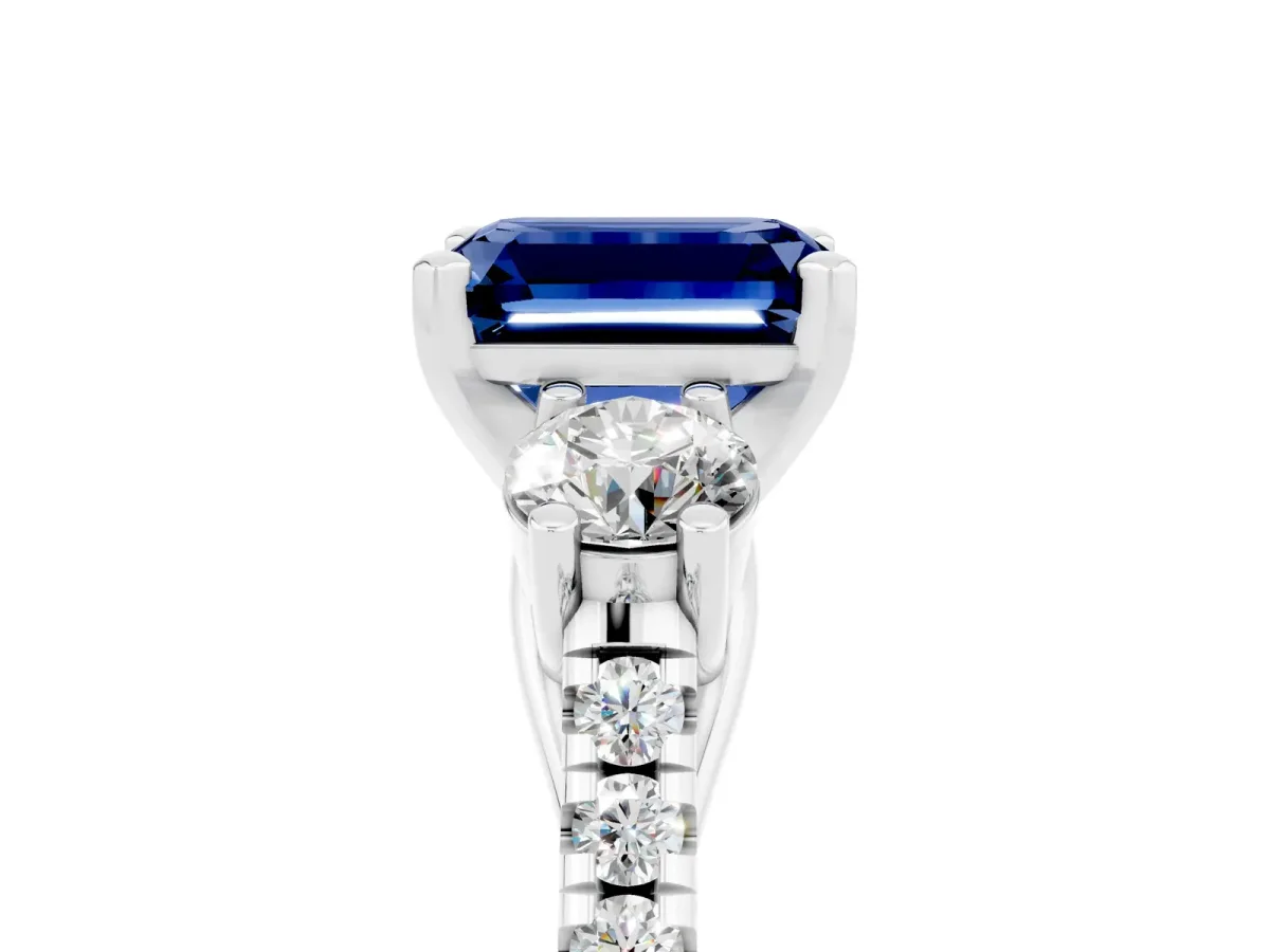 Three-Stone Emerald Cut Blue Sapphire Pavé Band with Four-Prong Setting Silver