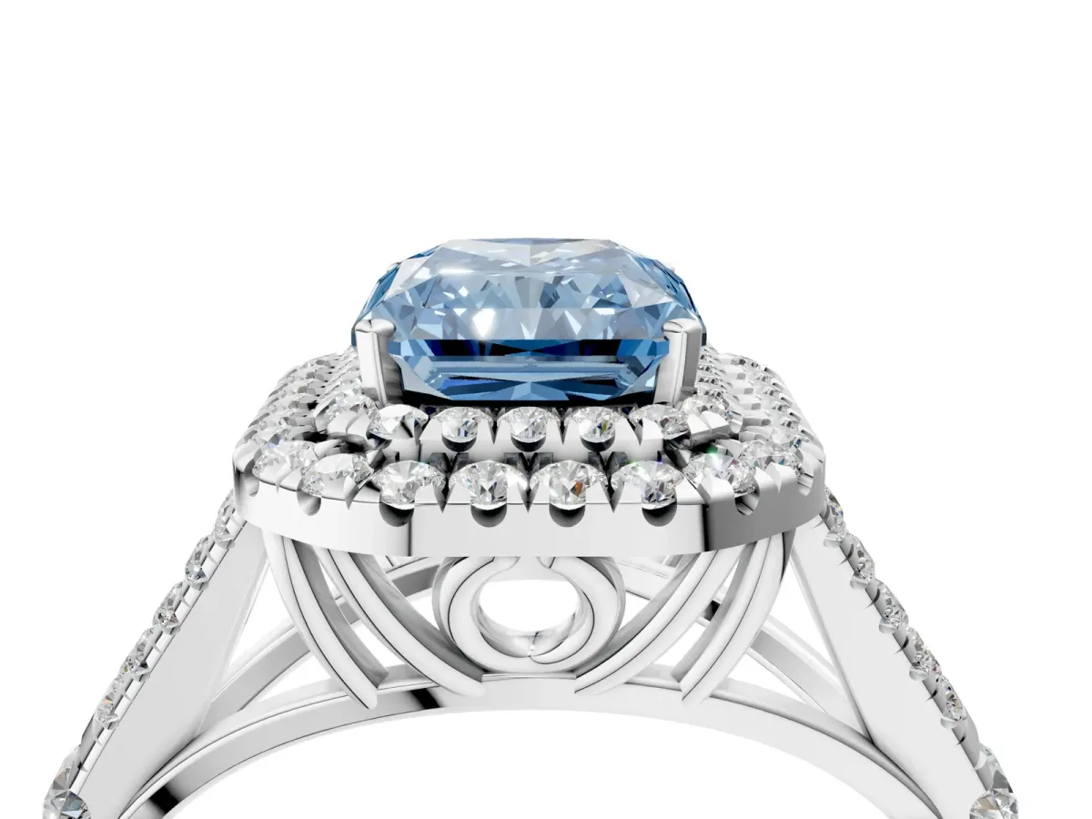 Fancy Blue Radiant Cut Cut Double Halo Split Shank Diamond Ring with Prong Setting Platinum
