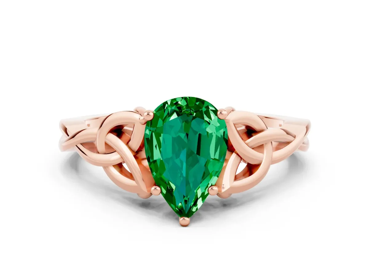 Pear Cut Emerald Solitaire Celtic Knot Ring with Four-Prong Setting Rose gold