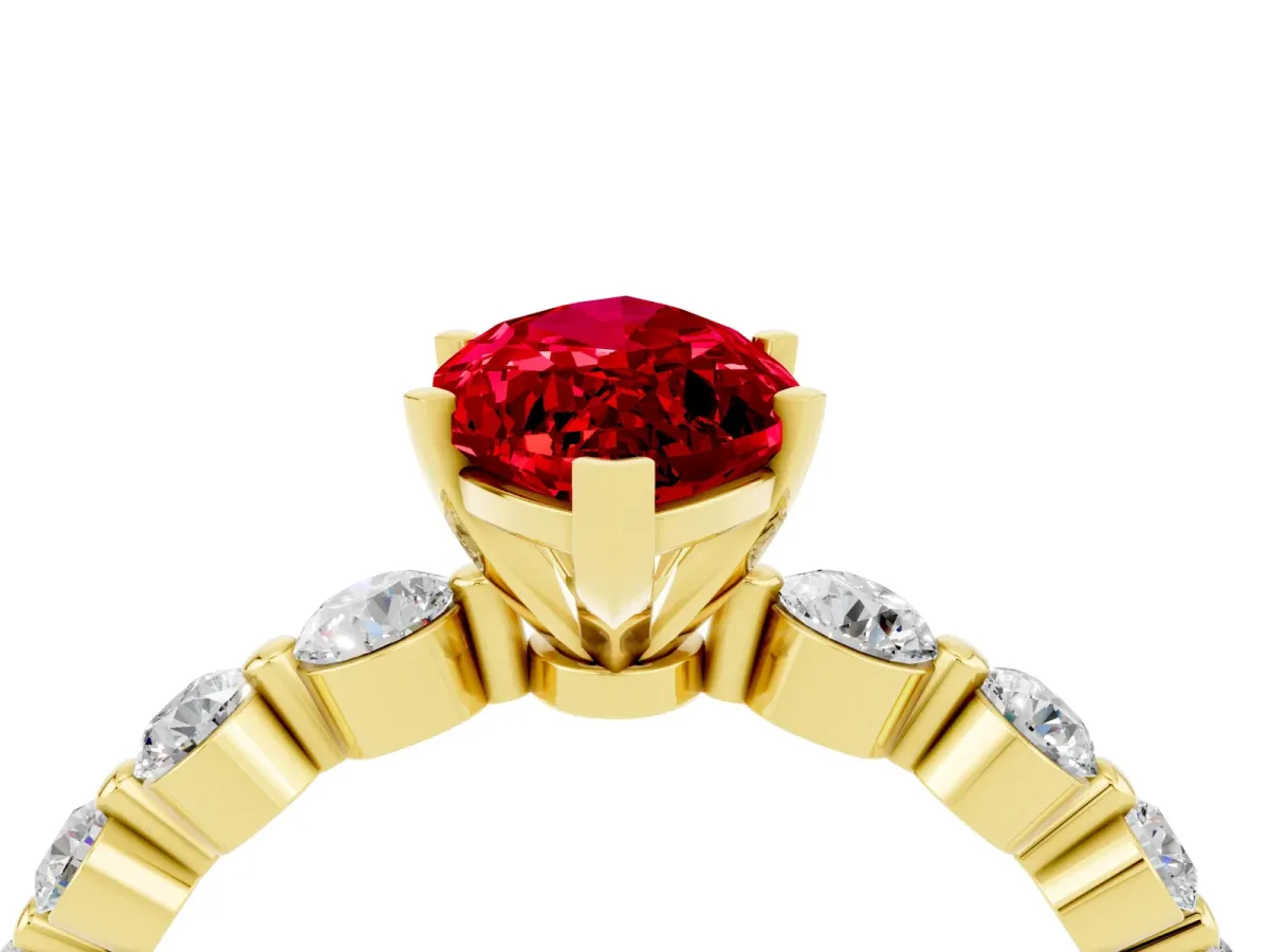 Marquise Cut Solitaire Ruby Ring with Pave Band and Four-Prong Setting Yellow gold