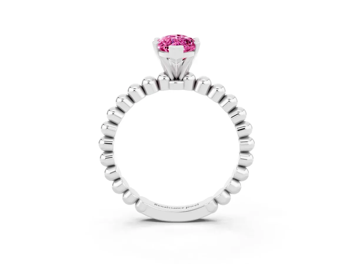 Marquise Cut Pink Sapphire Solitaire Ring with Beaded Band and Prong Setting Silver