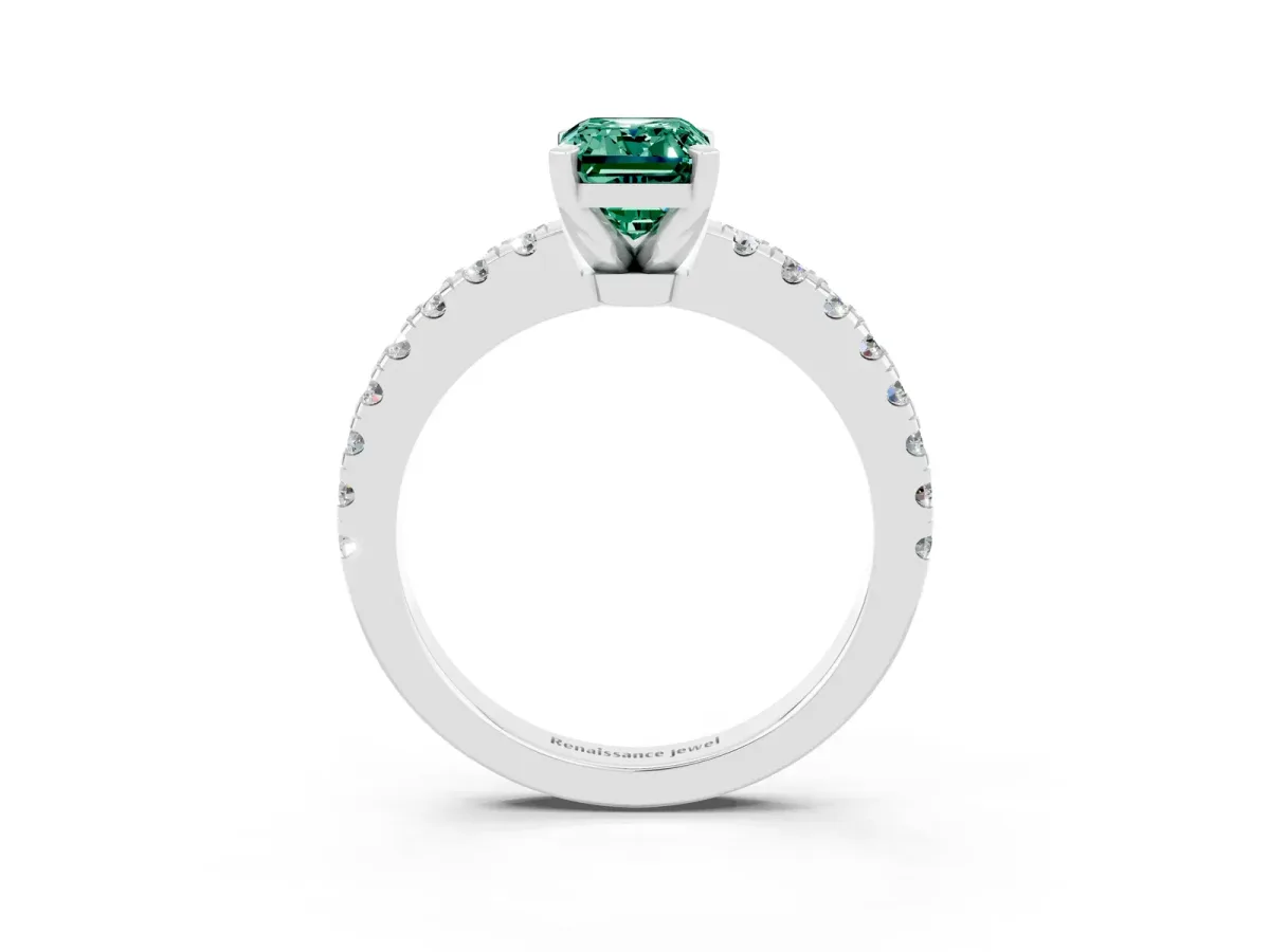 Emerald Cut Solitaire Green Sapphire with Pavé Band and Four-Prong Setting Silver
