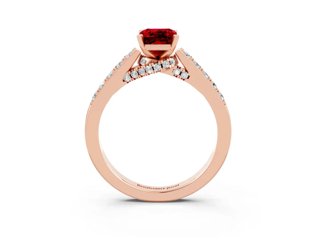 Emerald Cut Ruby Solitaire Ring with Crossover Gallery and Round Pavé Band Rose gold