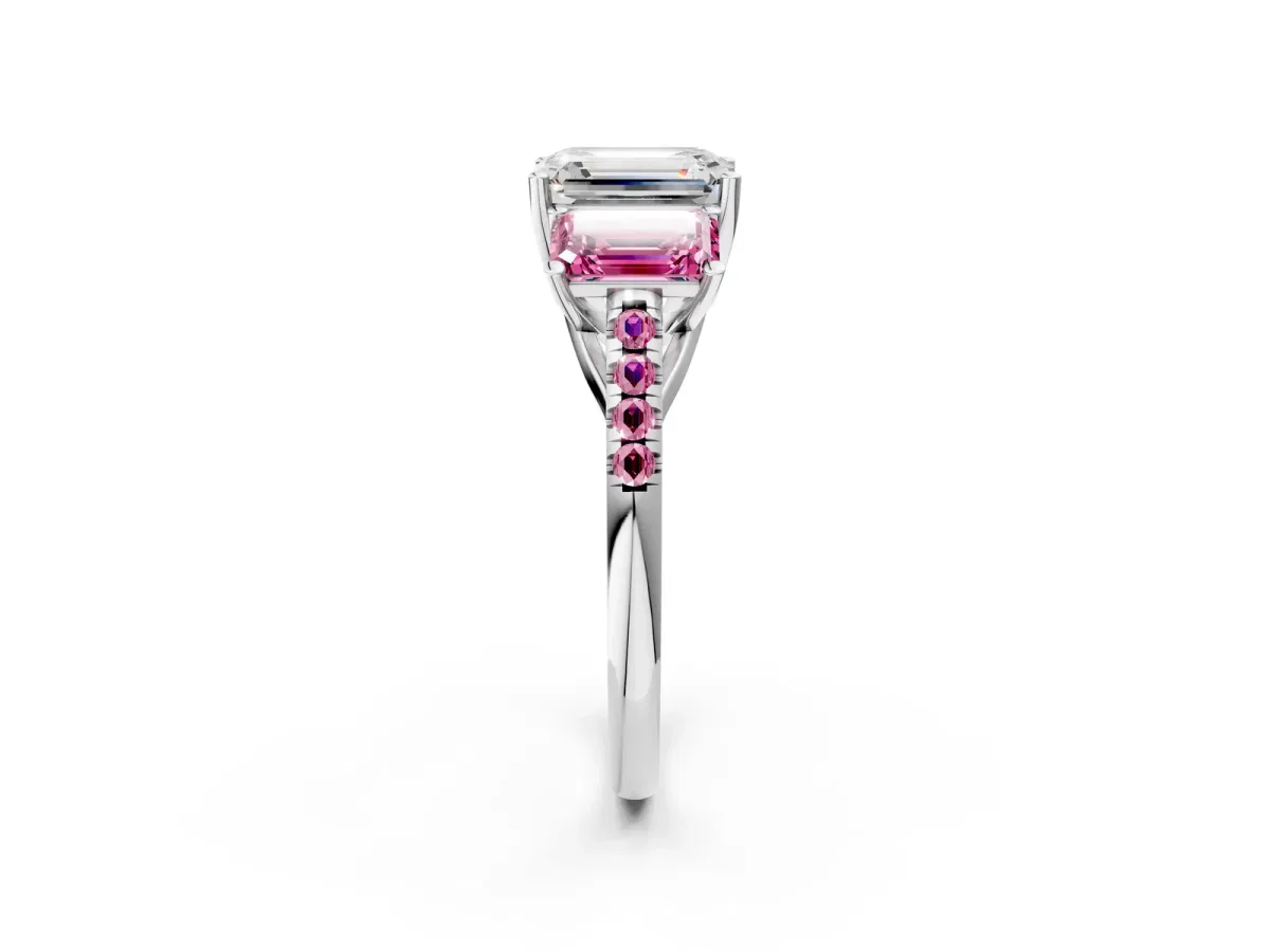 Three-Stone Emerald Cut Diamond Ring with Round Pink Sapphire Pavé Band and Prong Setting Silver