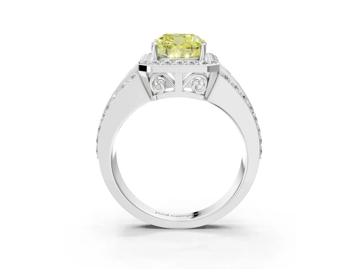Fancy Yellow Cushion Cut Halo Diamond Ring with Round Split Shank and Prong Setting Silver