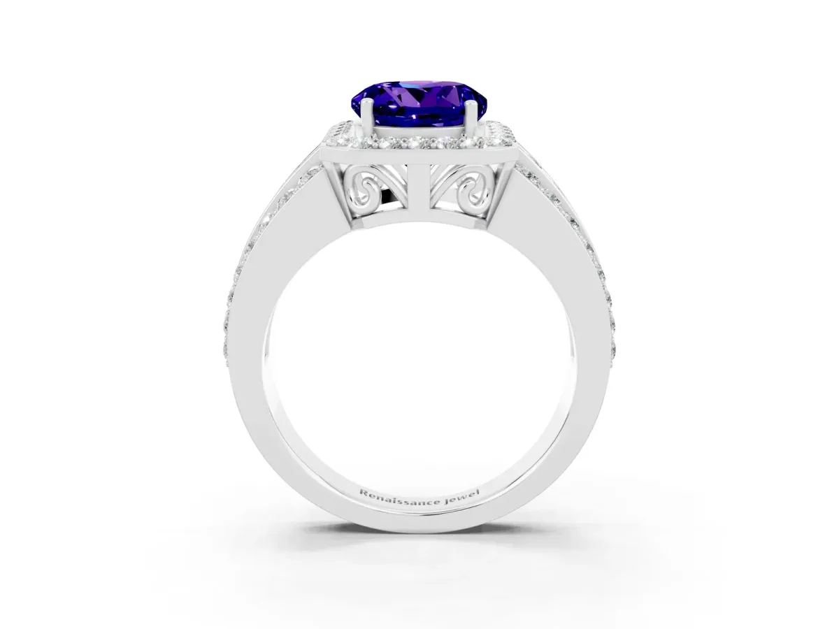 Round Cut Halo Tanzanite Ring with Round Split Shank and Prong Setting Silver