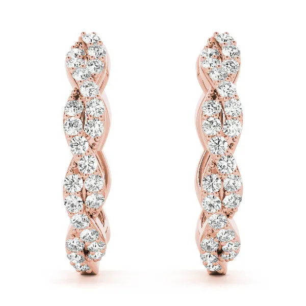 Pave Round Diamond Twisted Hoop Earrings with Shared Prong Setting Rose gold
