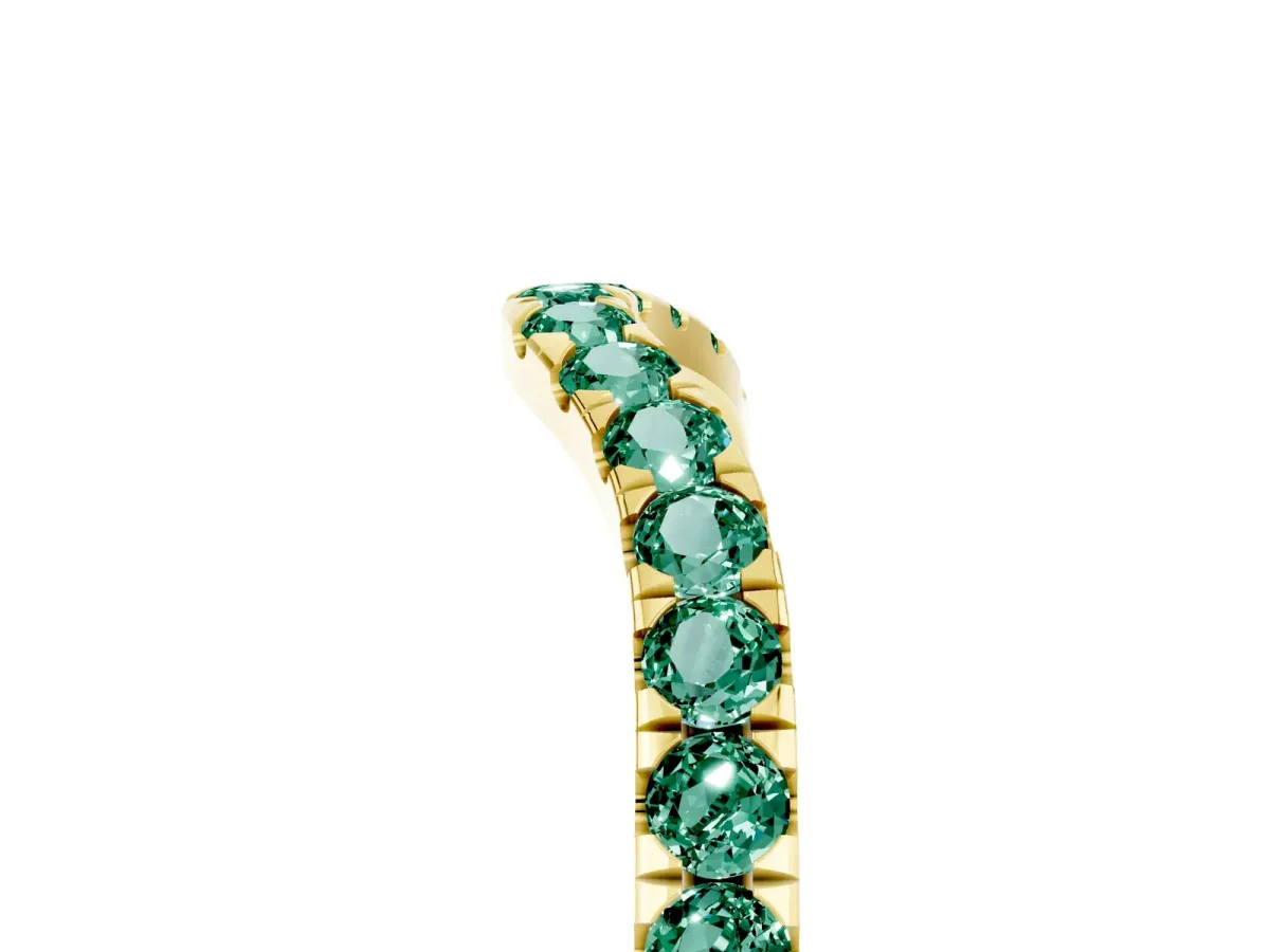Curved Pavé Round Green Sapphire Wedding Band with Shared Prong Setting Yellow gold