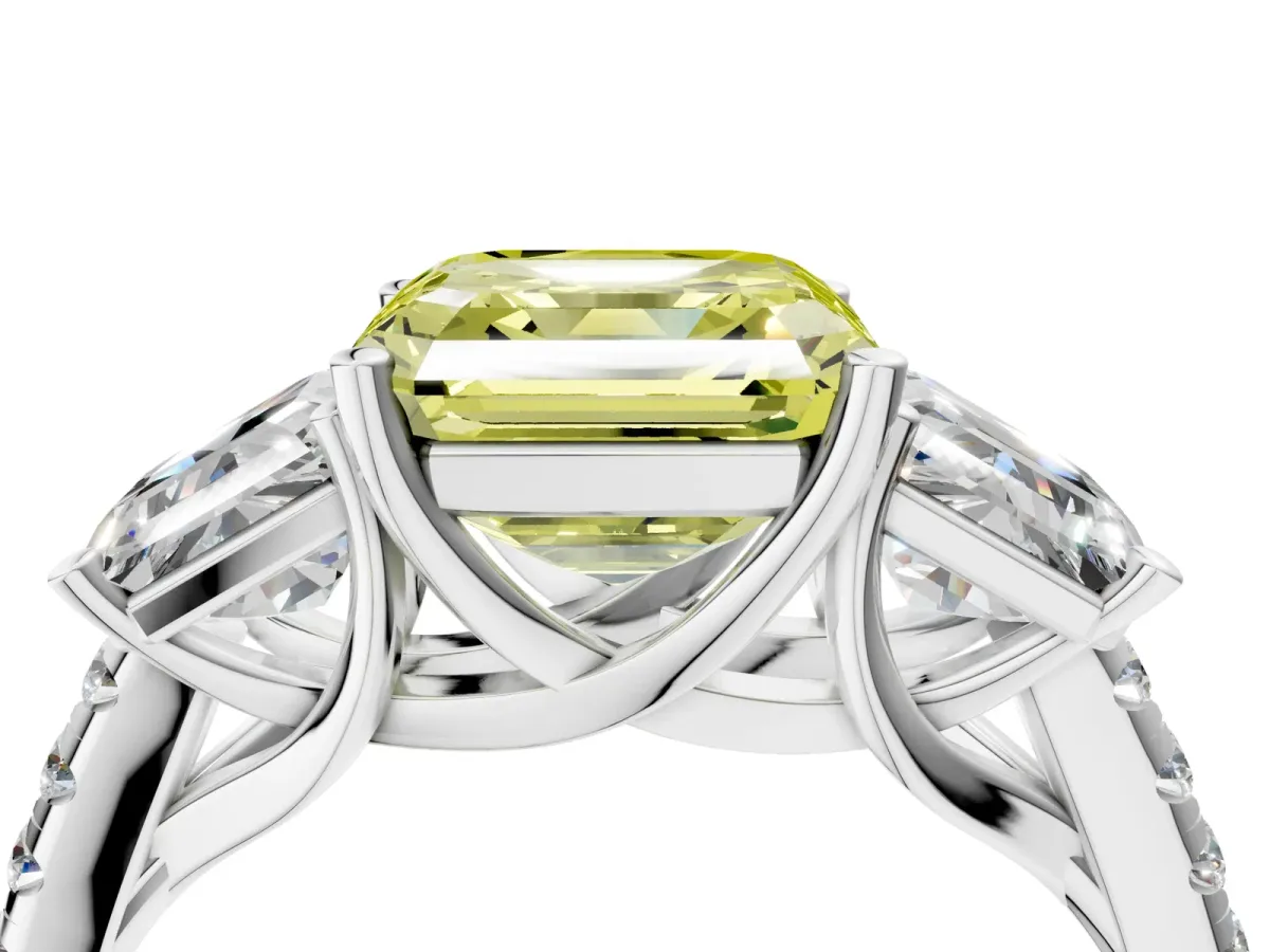 Fancy Yellow Three-Stone Asscher Cut Diamond Ring with Round Pavé Band and Prong Setting Silver