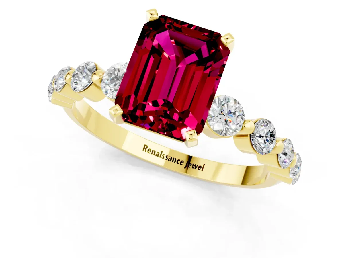 Emerald Cut Solitaire Garnet Ring with Pave Band and Four-Prong Setting Yellow gold