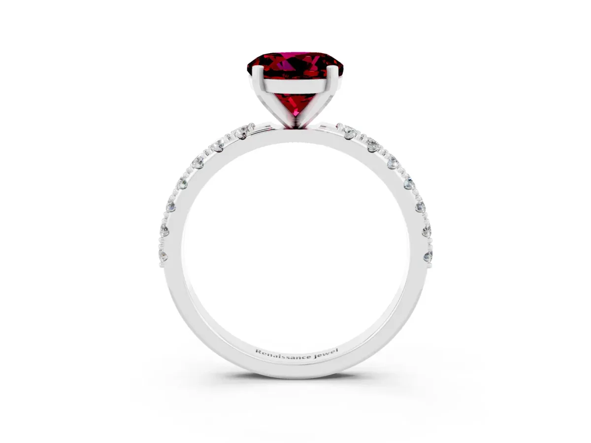 Round Cut Garnet Solitaire Pavé Band with Four-Prong Setting Platinum