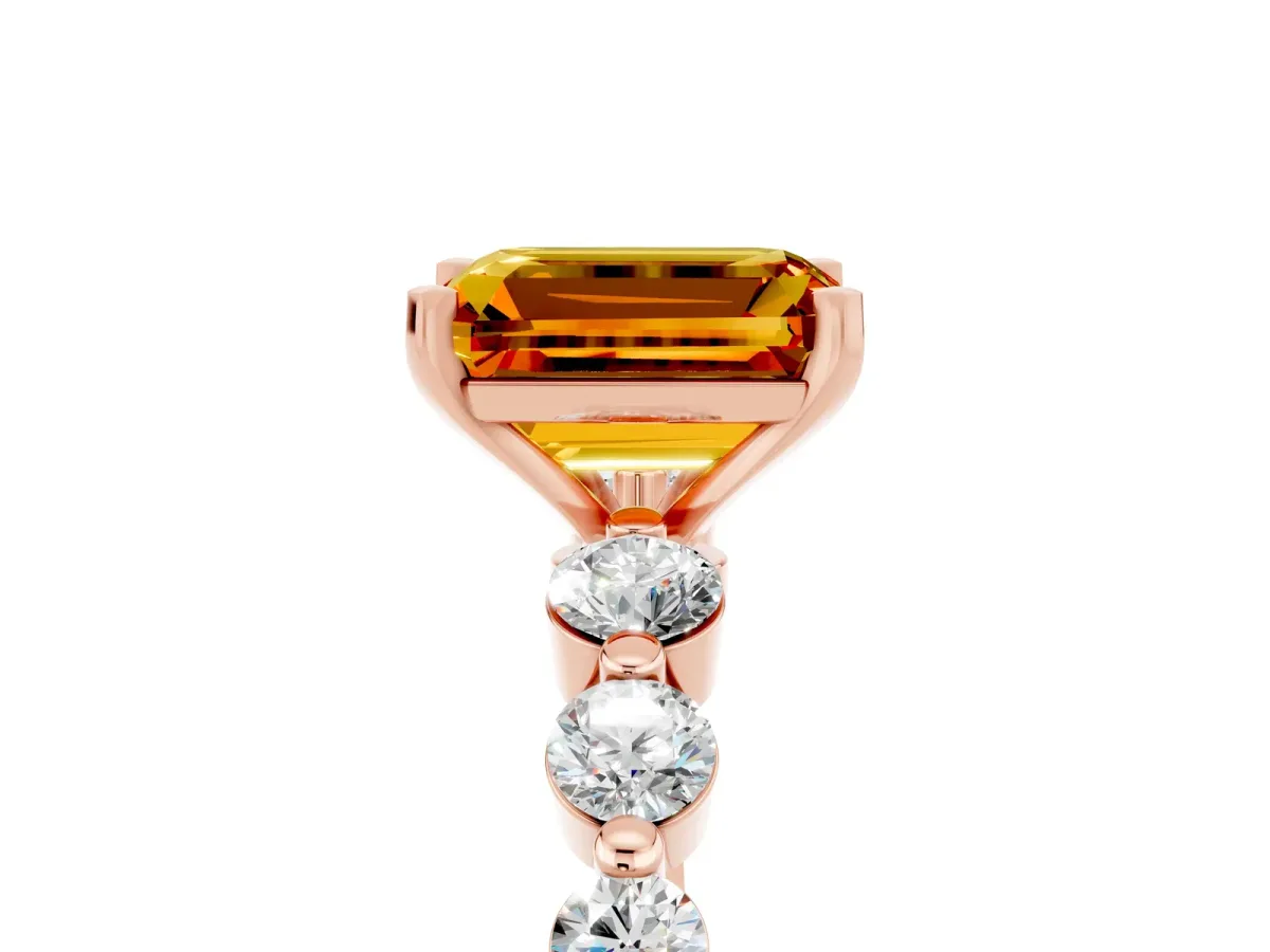 Emerald Cut Solitaire Citrine Ring with Pave Band and Four-Prong Setting Rose gold