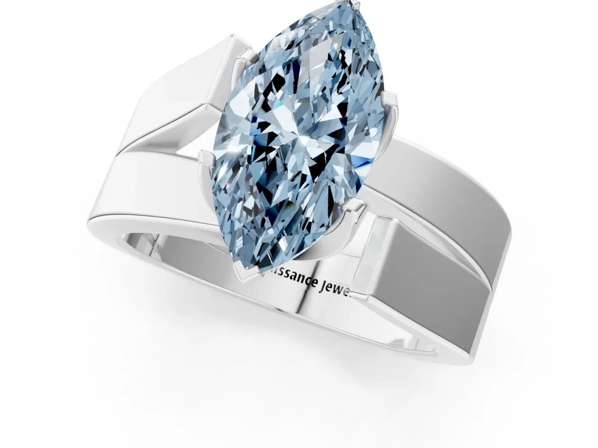 Fancy Blue Modern Tension Set Marquise Cut Diamond Solitaire Wide Band Ring Silver