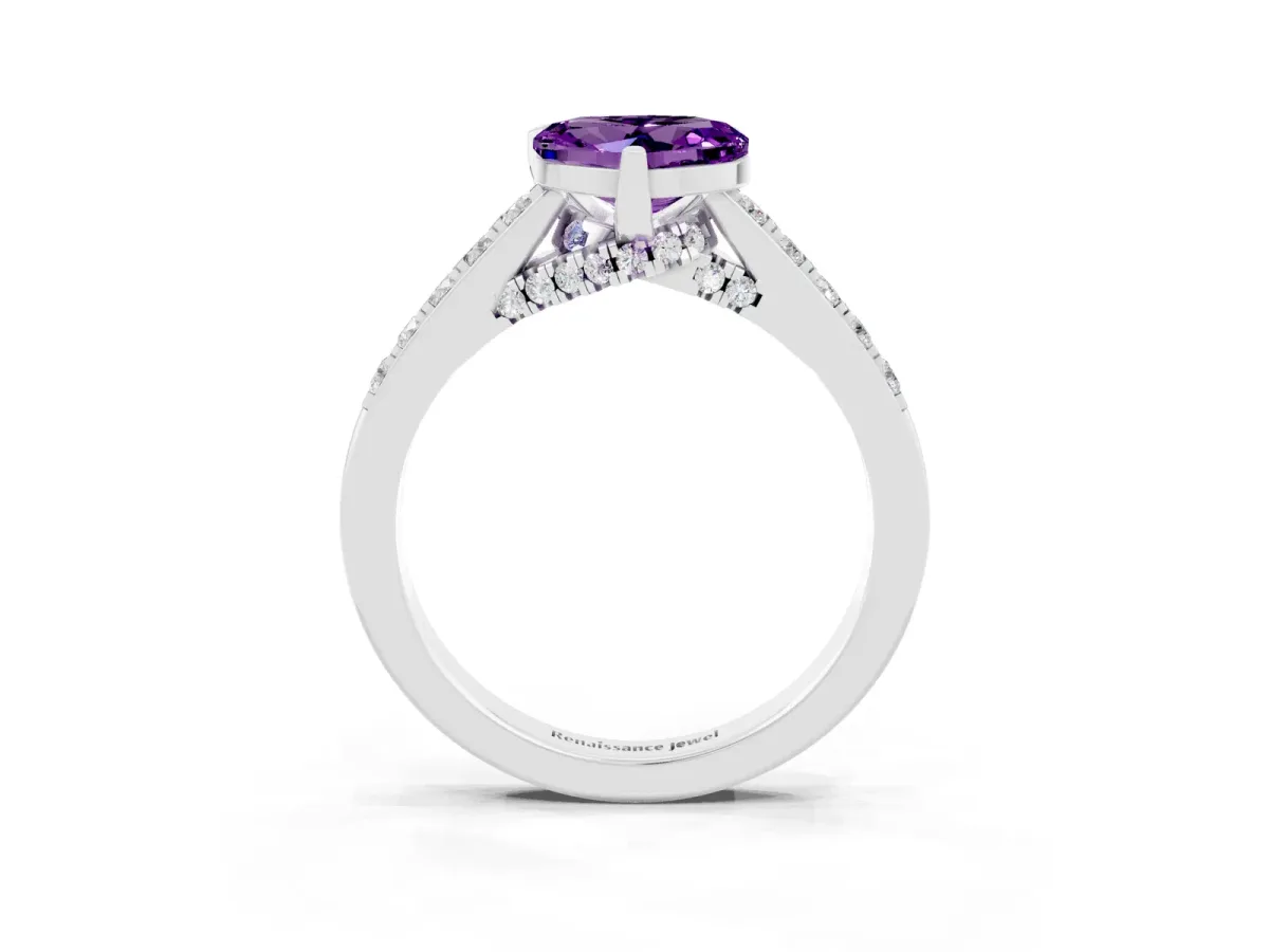 Heart Cut Amethyst Solitaire Ring with Crossover Gallery and Round Pavé Band Silver