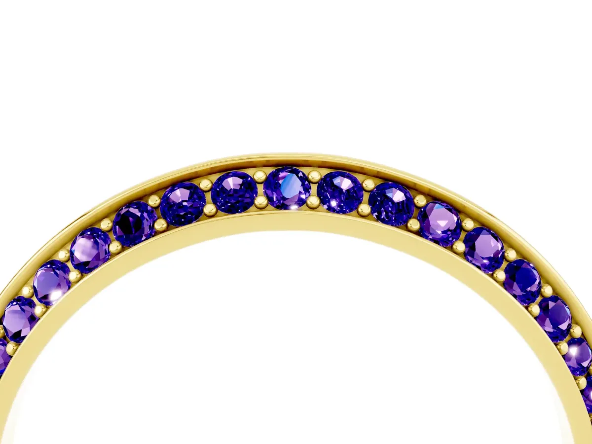 Double Row Pavé Round Tanzanite Eternity Band with Channel Setting Yellow gold