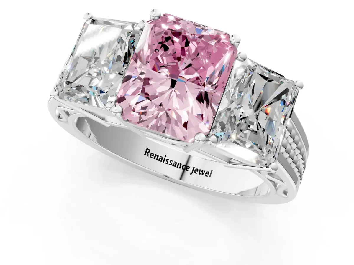 Fancy Pink Radiant Cut Diamond Three-Stone Ring with Prong Setting and Textured Band Platinum