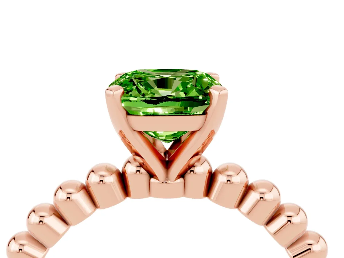 Cushion Cut Peridot Solitaire Ring with Beaded Band and Prong Setting Rose gold
