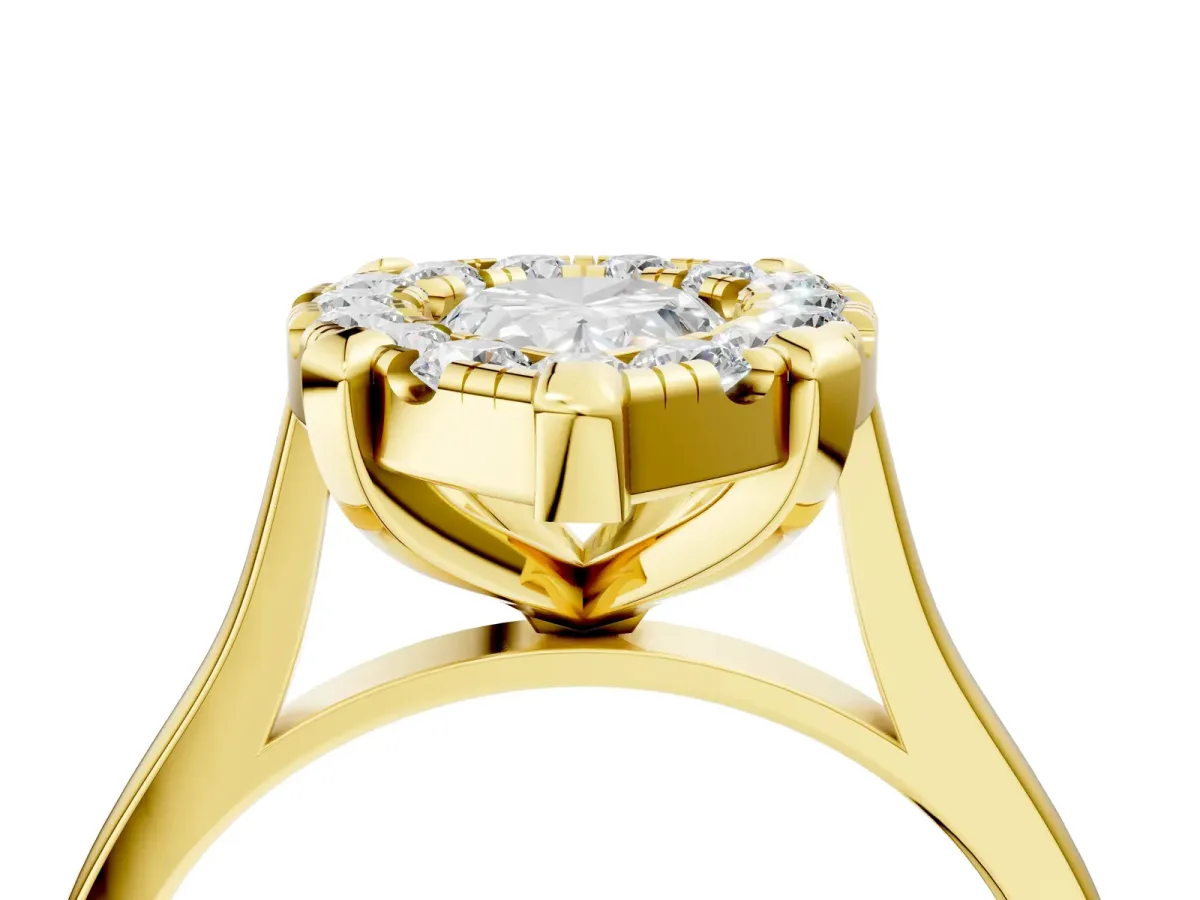 Pear Cut Diamond Cluster Halo Solitaire with Four-Prong Setting Yellow gold