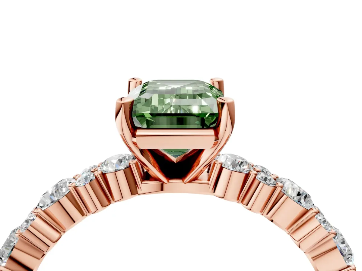 Fancy Green Emerald Cut Diamond Side Stone Solitaire Ring with Round and Four-Prong Setting Rose gold