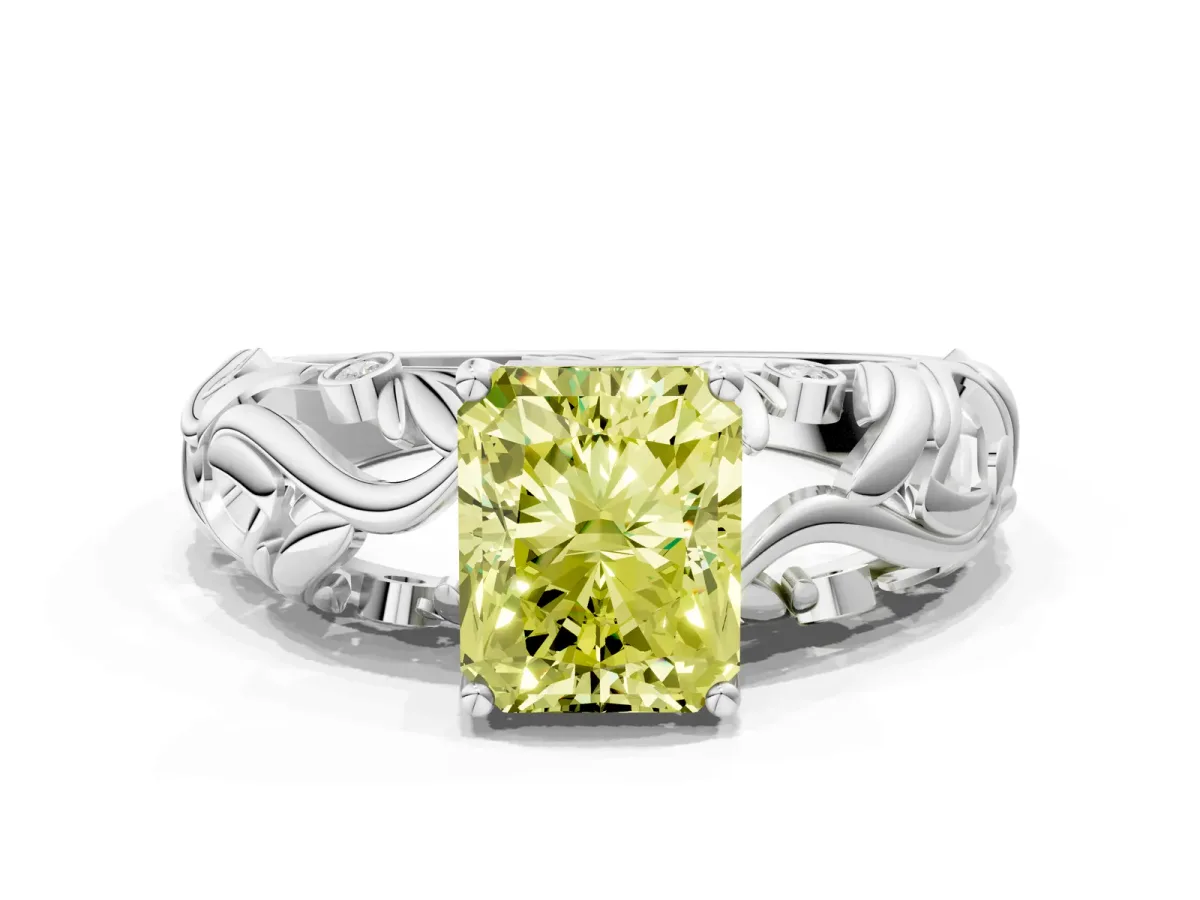 Fancy Yellow Radiant Cut Solitaire Diamond Leaf-Inspired Vine Band Ring with Prong Setting Platinum