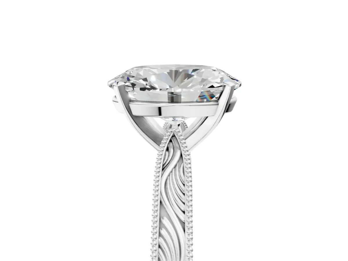 Oval Cut Solitaire Milgrain Engraved Band with Four-Prong Setting White gold