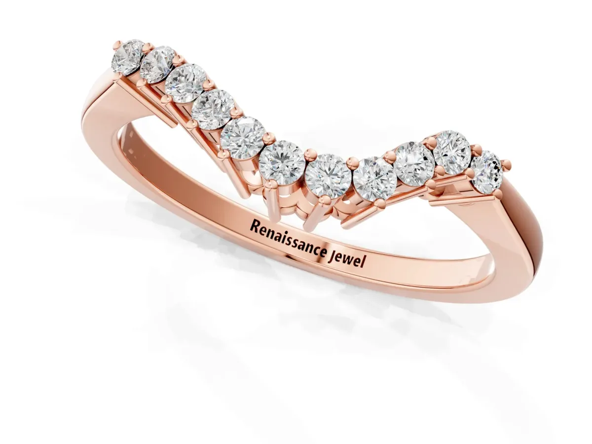 Round Diamond V-Shaped White Gold Band with Prong Setting Rose gold