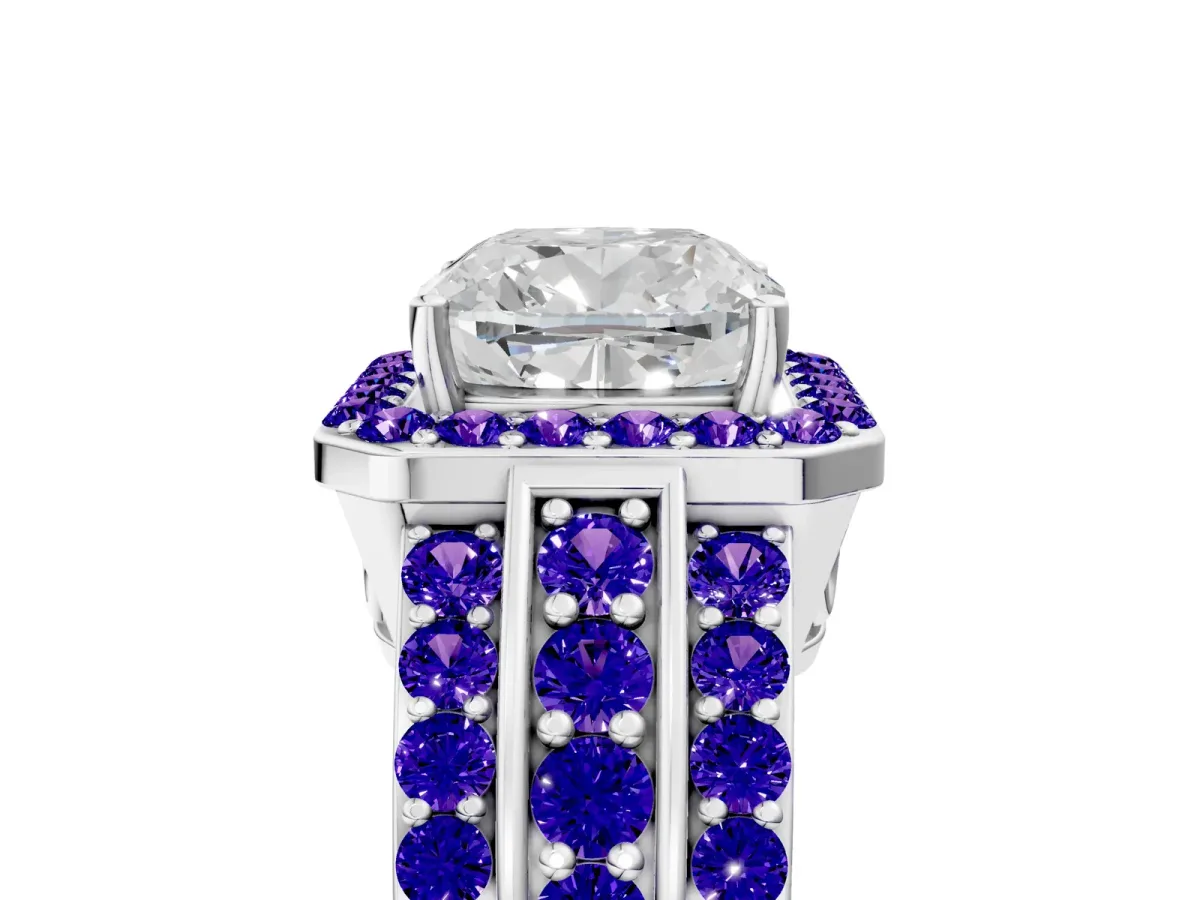 Cushion Cut Halo Diamond Ring with Round Tanzanite Split Shank and Prong Setting Silver