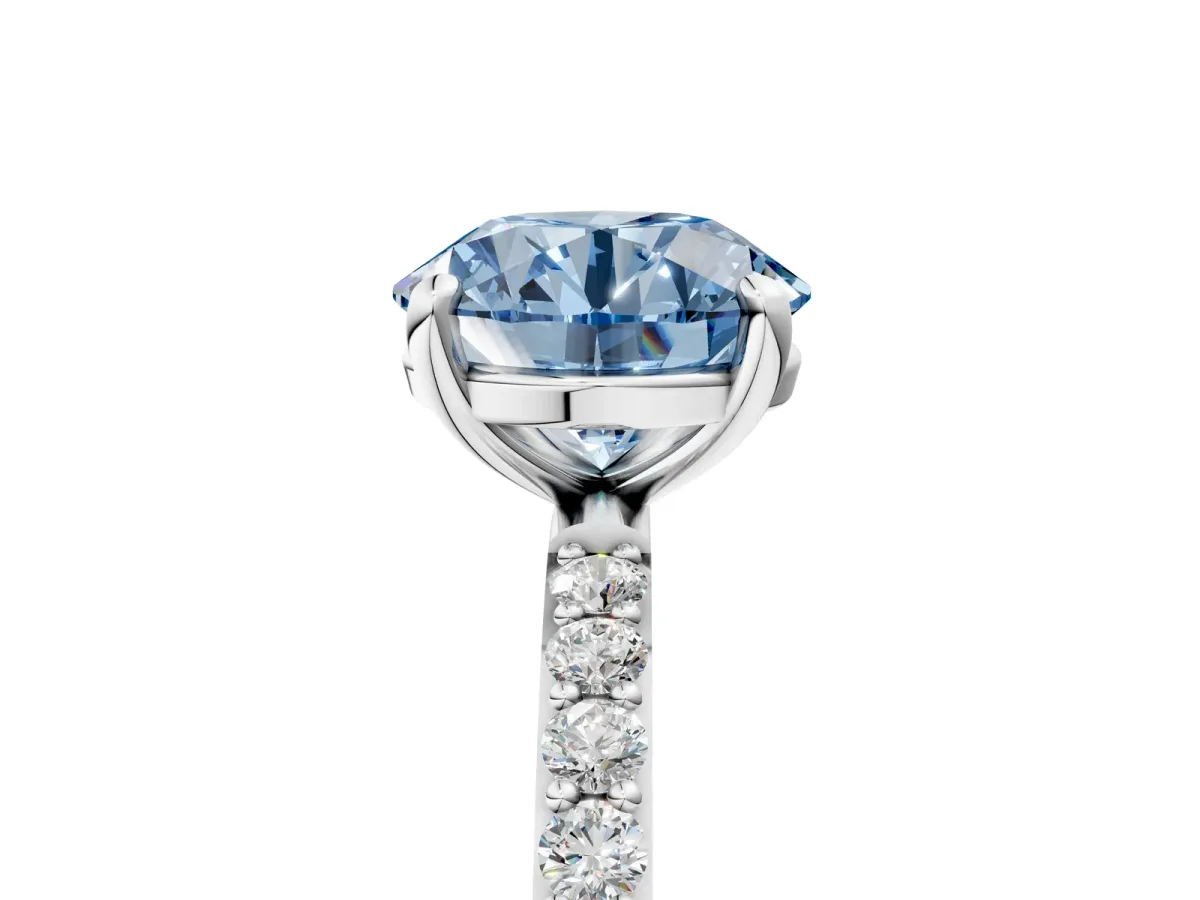 Fancy Blue Round Cut Diamond Solitaire Ring with Round Pavé Band and Prong Setting Platinum
