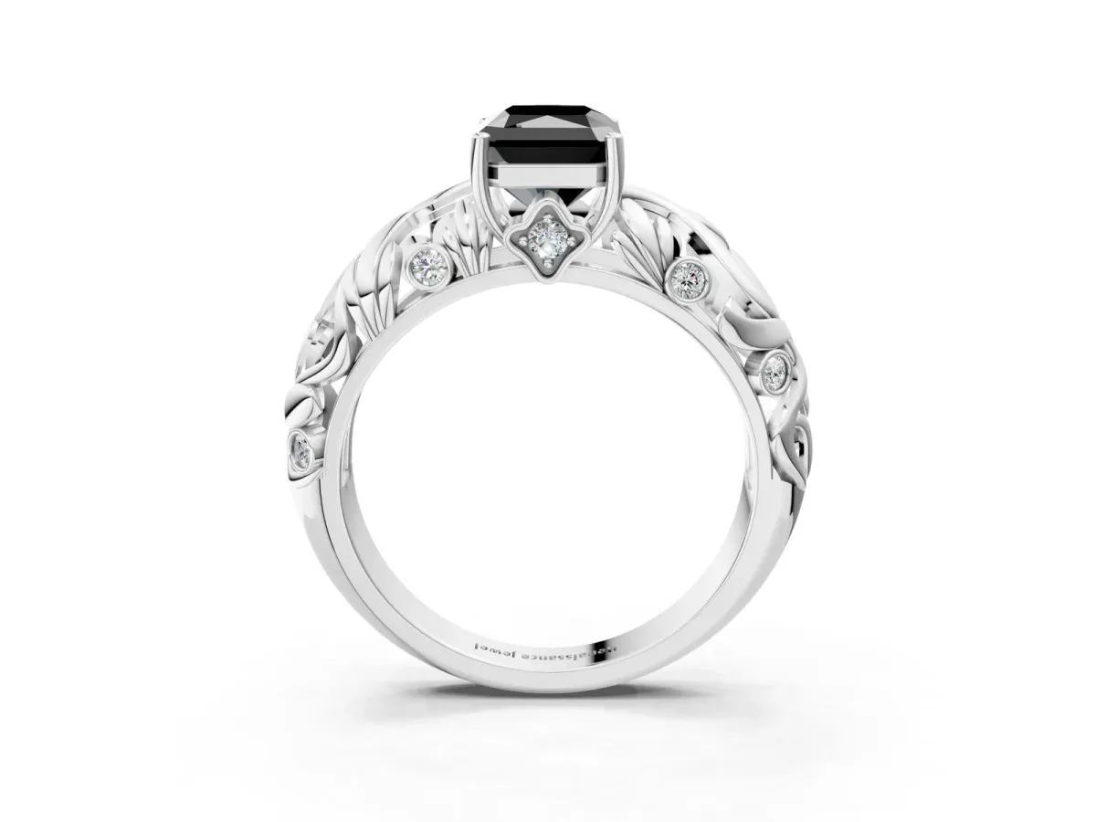 Fancy Black Radiant Cut Solitaire Diamond Leaf-Inspired Vine Band Ring with Prong Setting Platinum