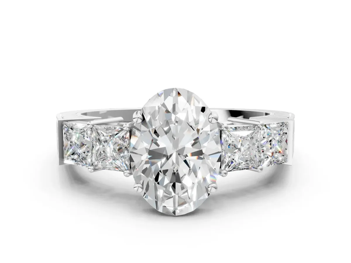 Oval Cut Solitaire Princess Side Stone Engraved Band Prong Setting Ring Silver