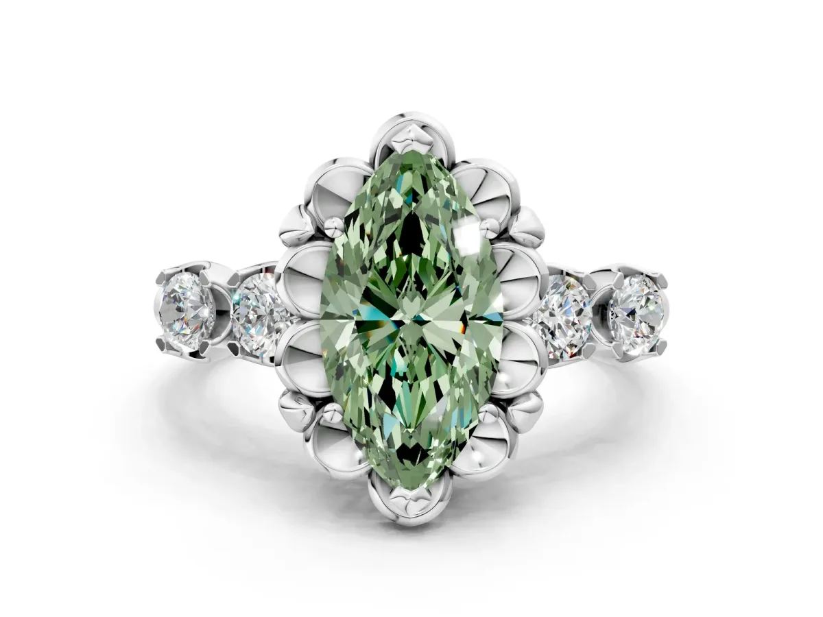 Fancy Green Marquise Cut Cut Diamond Floral Halo Engagement Ring with Shared Prong Setting Silver