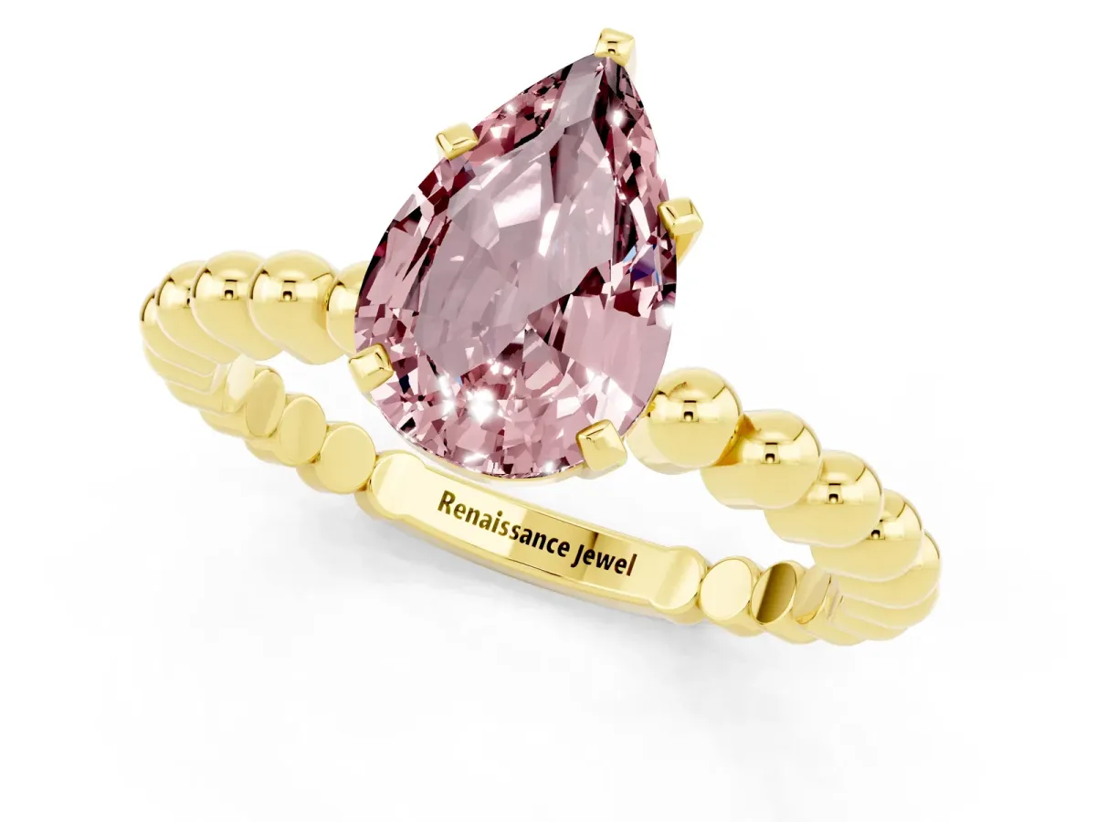 Pear Cut Morganite Solitaire Ring with Beaded Band and Prong Setting Yellow gold