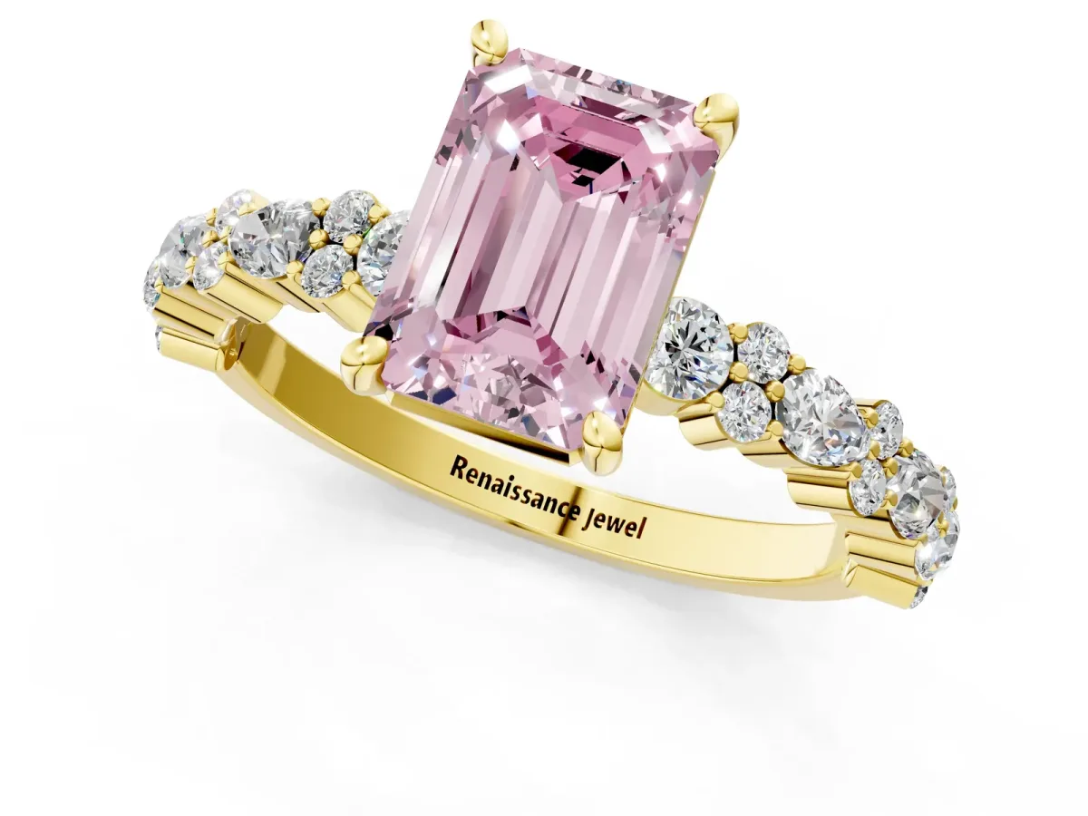 Fancy Pink Emerald Cut Diamond Side Stone Solitaire Ring with Round and Four-Prong Setting Yellow gold