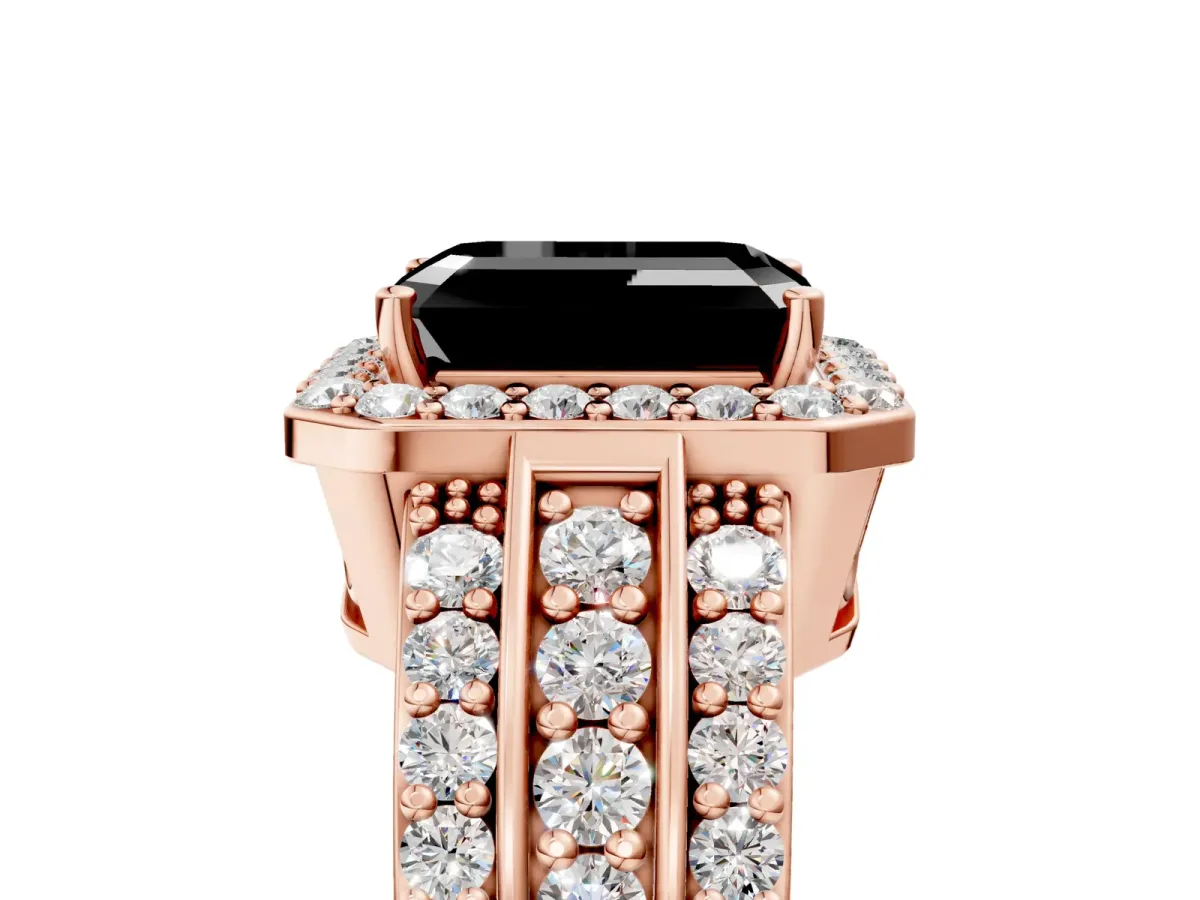 Fancy Black Emerald Cut Halo Diamond Ring with Round Split Shank and Prong Setting Rose gold