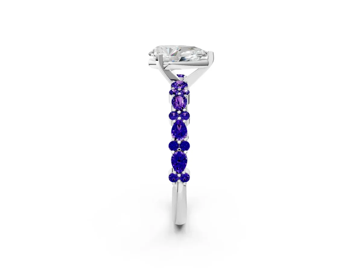 Pear Cut Diamond Side Stone Solitaire Ring with Round Tanzanite and Four-Prong Setting Silver