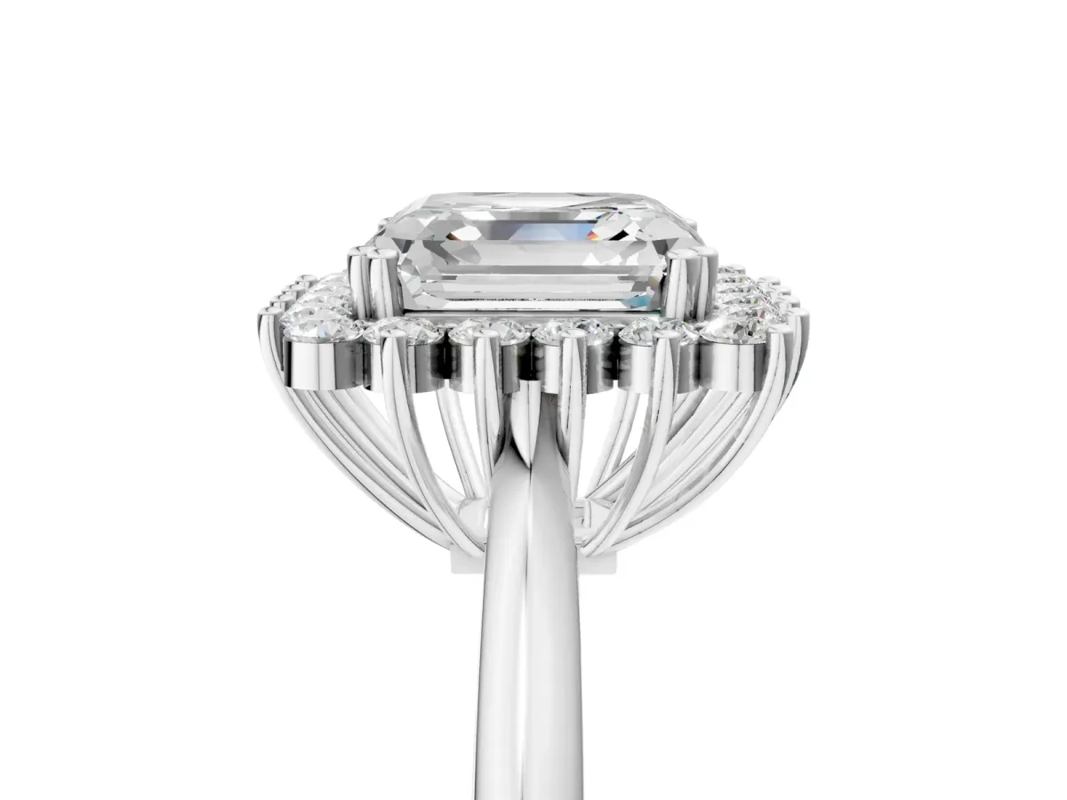 Asscher Cut Cut Diamond Halo Ring with Solitaire Band and Prong Setting Platinum