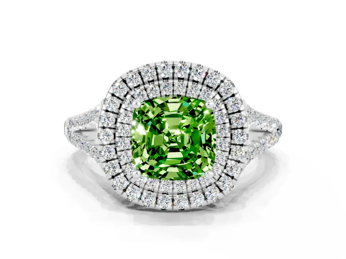 Cushion Cut Peridot Double Halo Ring with Pavé Band and Prong Setting Platinum