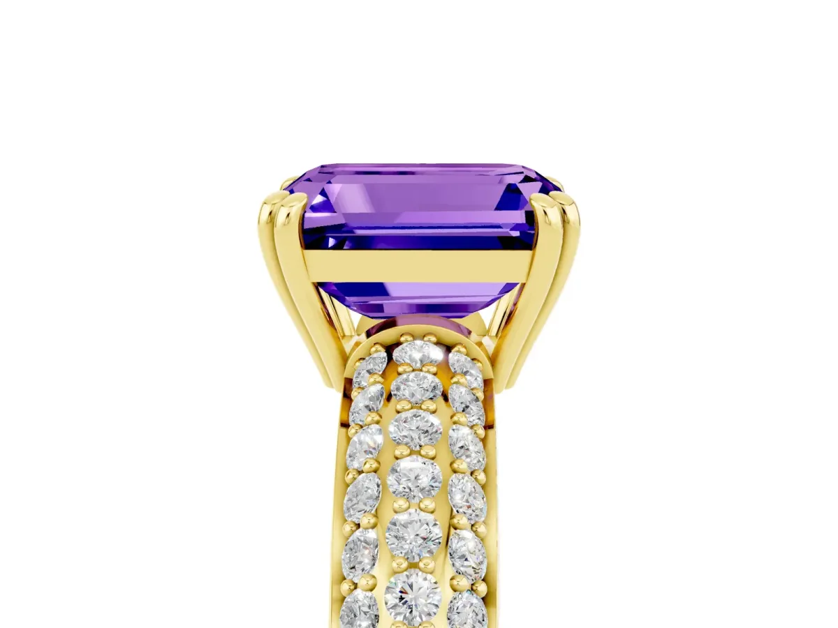 Emerald Cut Tanzanite Vintage Milgrain Ring with Round Stations Yellow gold
