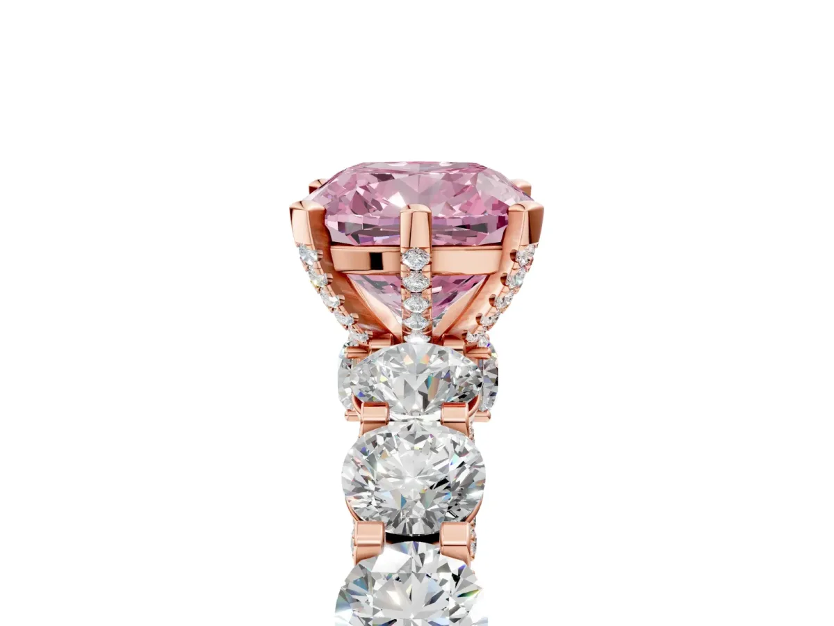 Fancy Pink Cushion Cut Diamond Side Stone Engagement Ring with Four-Prong Setting Rose gold